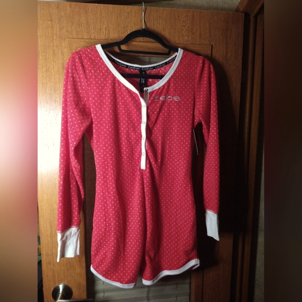 Bebe Pink Polka Dot Long Sleeve Henley